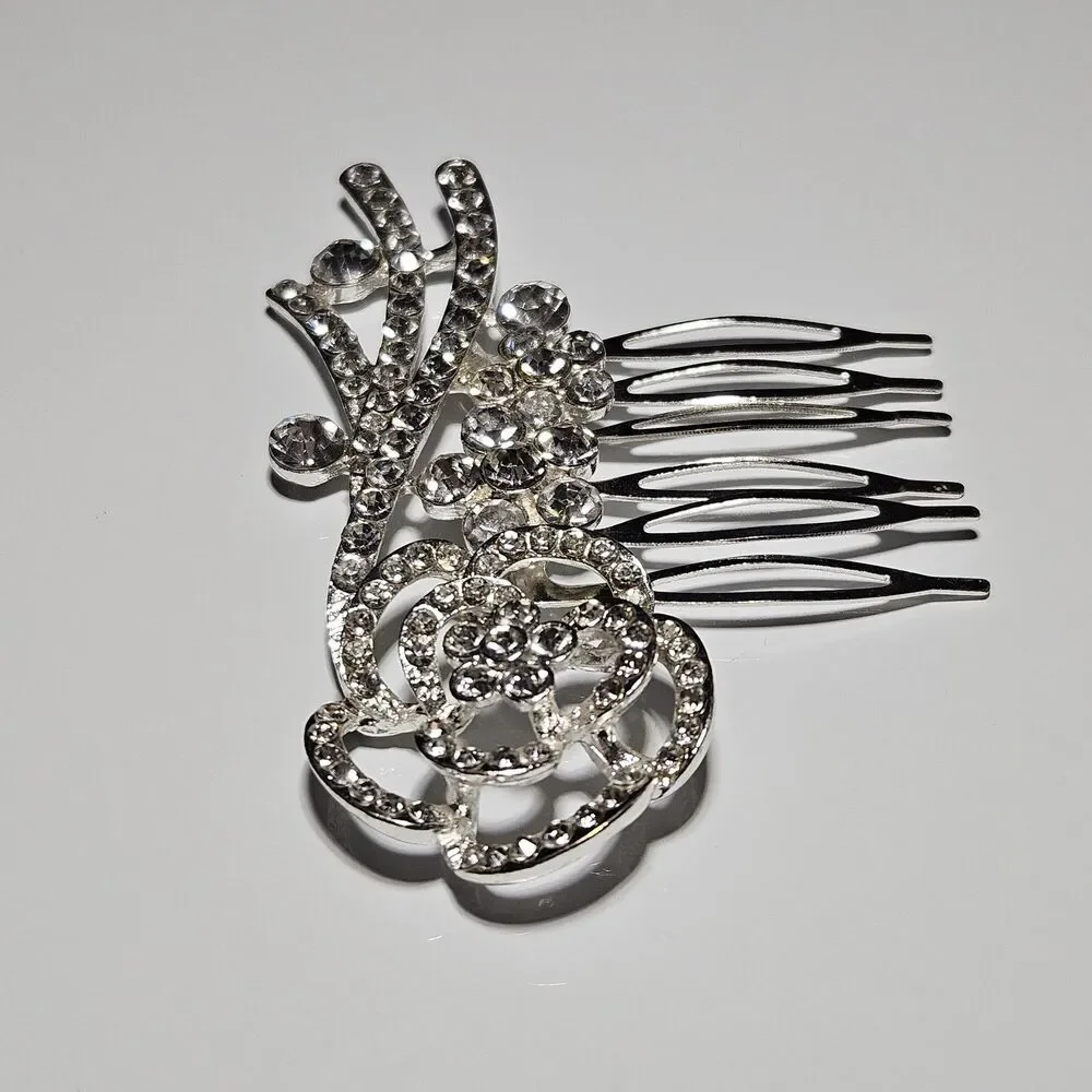Simulated Clear Crystal Flower Hair Comb Wedding Prom Silver Tone
